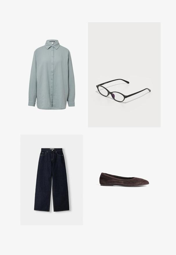 Ruskea trench-coat, jossa on kaksirivinen malli, suuri kaulus, pitkät hihat, vyö vyötäröllä ja kaksi etutaskua. Sileä kangas.; Vaaleansininen, pitkähiha- nappipusero. Valmistettu pehmeästä, teksturoidusta kankaasta, jossa on tavanomainen kaulus, nappikiinnitys edessä ja hihansuissa napit.; Valkoinen lyhythihainen t-paita, joka on valmistettu pehmeästä kankaasta. Sillä on pyöreä pääntie ja yksinkertainen, siisti muotoilu suoralla helman lopulla.; Tummansiniset farkut, joissa on leveät lahkeet ja korkea vyötärö, viisi taskua, kontrastiväriset saumat ja hopeiset metalliosat. Sileä pinta ja siisti viimeistely.; Ruskeat mokka ballerinat, joissa on terävä kärki ja matala profiili. Ominaisuuksiin kuuluu sileä pintakuvio ja minimalistinen muotoilu. Ei näkyvää metallia tai koristeita.; Musta muovinen silmälasi, jossa on soikea muoto, läpinäkyvät linssit ja yksi violetti korostus vasemmassa linssissä. Tyylikäs, minimalistinen muotoilu.