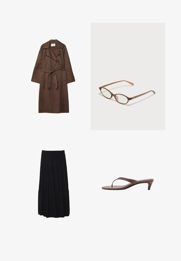 Rjav plašč s dvojno zapenjanjem, velikim ovratnikom, dolgimi rokavi, pasom in dvema sprednjima žepoma. Gladka površina tkanine.; Bela kratka majica s kratkimi rokavi, izdelana iz mehkega materiala. Ima okroglo izrez in preprost, čist dizajn s ravnim robom.; Svijetloplava košulja dugih rukava s gumbima. Izrađena je od mekog, teksturiranog materijala s klasičnim ovratnikom, s prednjim dijelom na tipke i rukavima s manžetama.; Črna midi krila s tiered oblikovanjem in elastičnim pasom, narejena iz mehke tkanine, z nežno silhueto in gladko teksturo.; Rjava natikača na peto s tankim trakom in zaobljenim prstom, ki ima majhen zlat poudarek na podplatu.; Rjavo želvovina očala z ovalnimi lečami, tankimi ročaji in prosojnimi detajli. Imajo subtilen logo na templetu. Eleganten, lahek dizajn.