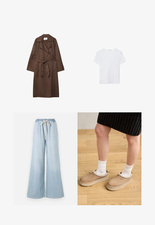 Manteau trench brun avec un design à double boutonnage, grand col, manches longues, ceinture à la taille et deux poches avant. Texture de tissu lisse.; T-shirt blanc à manches courtes en tissu doux. Dispose d'un col rond et d'un design simple et épuré avec un ourlet droit.; Chemise à manches longues, bleu clair, à boutons. Fabriquée en tissu doux et texturé avec un col standard, dotée d'une fermeture à boutons sur le devant et de manches à poignet.; Jean large bleu clair en denim, doté d'une ceinture élastique avec cordon de serrage et d'une texture lisse.; Chaussures à enfiler en daim marron avec un col texturé de couleur claire. Semelle en caoutchouc avec des grips à motifs, portées avec des chaussettes blanches à côtes.
