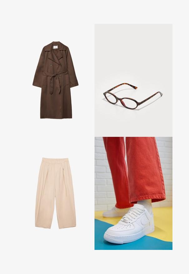 Brown trench coat with a double-breasted design, large collar, long sleeves, belt at waist, and two front pockets. Smooth fabric texture.; White short-sleeve t-shirt made of soft fabric. Features a round neckline and a simple, clean design with a straight hemline.; Light blue, long-sleeve button-up shirt. Made of soft, textured fabric with a standard collar, featuring a button-down front and cuffed sleeves.; Beige wide-leg pants with an elastic waistband, featuring front pleats and a smooth, lightweight fabric. No visible pockets or patterns.; White leather sneaker with perforated toe box, textured sole, and white laces, paired with wide red pants and a blue and yellow background.; Tortoiseshell sunglasses with oval lenses, featuring a dark frame with light and dark brown patterns, and slender, curved temples.