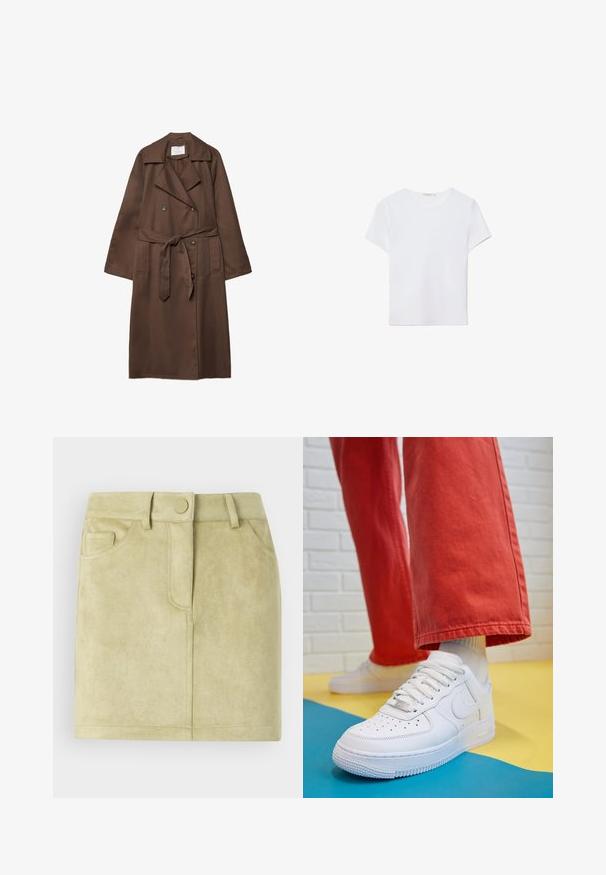 Smeđi trench kaput s dvostrukim kopčanjem, velikim ovratnikom, dugim rukavima, remenom u struku i dva prednja džepa. Glatka tekstura tkanine.; Bijela majica kratkih rukava izrađena od mekanog materijala. Ima okrugli izrez i jednostavan, čist dizajn s ravnim rubom.; Suede mini suknja u svijetlozelenoj boji. Ima uski struk, dva prednja džepa i prednje zatvaranje s okruglim gumbom. Mekana tekstura.; Bijele kožne tenisice s perforiranim prednjim dijelom, teksturiranim đonom i bijelim vezicama, u kombinaciji s širokim crvenim hlačama i plavo-žutom pozadinom.