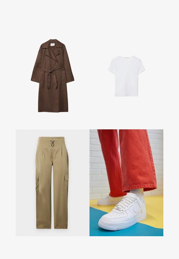 Brązowy płaszcz trenchowy z podwójnym zapięciem, dużym kołnierzem, długimi rękawami, paskiem w talii oraz dwiema kieszeniami z przodu. Gładka tekstura materiału.; Biała koszulka z krótkim rękawem wykonana z miękkiego materiału. Posiada okrągły dekolt oraz prosty, minimalistyczny design z prostym dołem.; Khaki spodnie cargo o slim fit, z elastycznym paskiem, dwiema bocznymi kieszeniami i teksturowanym materiałem dla większej trwałości.; Białe skórzane sneakersy z perforowanym czubkiem, teksturowaną podeszwą i białymi sznurowadłami, w połączeniu z szerokimi czerwonymi spodniami na niebiesko-żółtym tle.