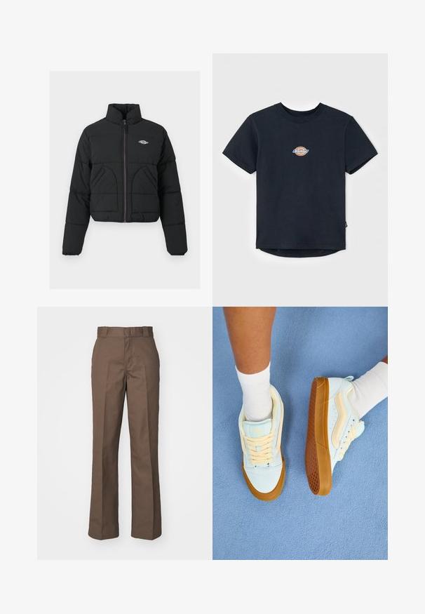 Mustmust värvi puffer-jakk, millel on kõrge krae, lukuga esikinnitus, kaks küljetaskut ja vatitekkide tekstuur. Rinnal on logo ja viiuline tõmblukk.; Mustaline puuvillane T-särk lühikeste varrukatega, ümmargune kaelus ja väike mitmevärviline logo rinnal. Sirge ääreline, tagant veidi pikem.; Pruunid puuvillased püksid, sirge lõikega, millel on lame eesmine osa ja vöökoha aasadega. Sile tekstuur, ilma nähtavate mustrite või aktsentideta.; Heledad sinised jooksujalatsid kreemjate detailidega, millel on paelad, kummitald ja tekstureeritud haare. Kanda valgete sokkidega sinisel pinnal.