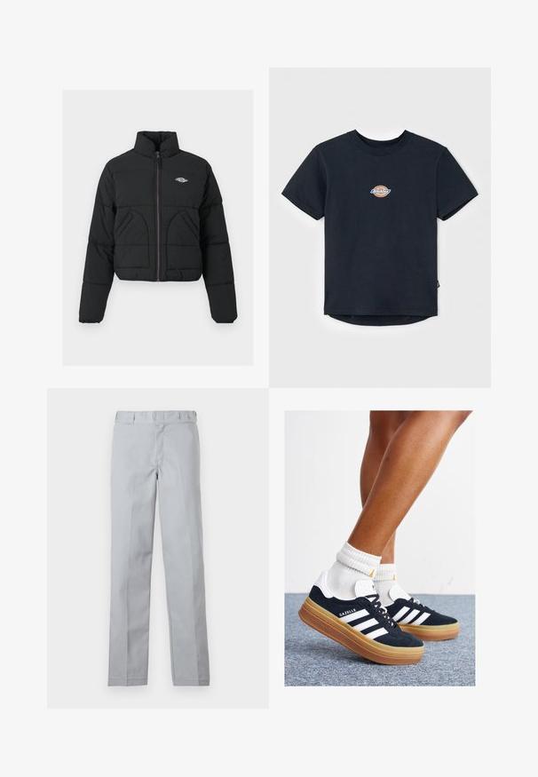 Črna puffer jakna z visokim ovratnikom, zadrgo, dvema sprednjima žepoma in prešito teksturo. Ima logotip na prsih in vijolično zadrgo.; Črna bombažna majica s kratkimi rokavi, okroglim ovratnikom in majhnim večbarvnim logotipom na prsih. Ravni rob z nekoliko daljšim hrbtom.; Svetlo sivi hlače s ravnim krojem, izdelane iz gladkega materiala. Imajo pas in sprednje gube za prijeten in eleganten videz.; Črni antilop superge z belimi črtami in poudarki, okrogel prst, gumijasti podplat, kombinirane z belimi rebrastimi nogavicami.