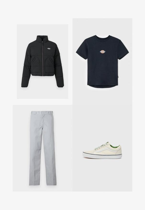 Black puffer jacket with a high collar, zip closure, two front pockets, and quilted texture. Features logo on the chest and purple zipper.; Black cotton t-shirt with short sleeves, round neck, and a small multi-colored logo on the chest. Straight hem with a slightly longer back.; Light gray trousers with a straight-leg design, made from smooth fabric. Features a waistband and front creases for a tailored look.; Beige canvas low-top sneaker with green accents, white rubber sole, and patterned laces. Features a side stripe design.