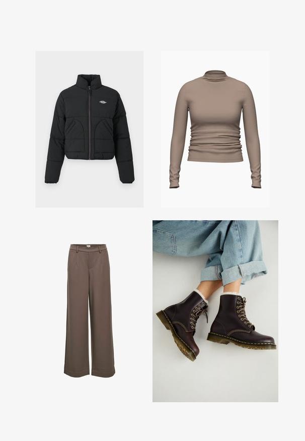 Mustmust värvi puffer-jakk, millel on kõrge krae, lukuga esikinnitus, kaks küljetaskut ja vatitekkide tekstuur. Rinnal on logo ja viiuline tõmblukk.; Pikad varrukad, kõrge kaelusega pluus kahvatu pruunis toonis. Omab korsetilihvimise detaile vöökohas ja sileda tekstuuri. Pehme kangas.; Laiad püksid pehmest pruunist kangast. Omavad kõrget vööd, kahte eesmist taskut ning sujuvat tekstuuri ning lõdva disaini.; Pruunid nahast pahkluu saapad, millel on nööbid, karvaga vooder, kollased õmblused ja paksud kummitaldad. Kandmine kergete helesiniste teksadega.