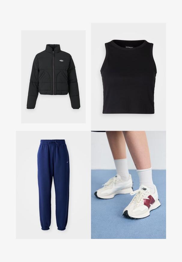 Mustmust värvi puffer-jakk, millel on kõrge krae, lukuga esikinnitus, kaks küljetaskut ja vatitekkide tekstuur. Rinnal on logo ja viiuline tõmblukk.; Mustard ribaga lõhikuga crop top, millel on ümar kaelus ja ilma varrukateta disain. Valmistatud pehmest ja venivast kangast, millel on puhtad äärised.; Tumesinine dressipluus, mis on valmistatud pehmest kangast, elastse vöökoha ja nööriga, elastsete mansettide ning väikese valge logoga.; Valge tenniste paar marooni aktsentide, tekstuuriliste paneelide, lame musta tallaga ja heleda nööriga, kantud valgete pahkl sockidega.