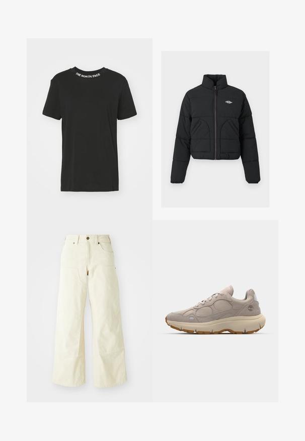Μαύρο μπουφάν με επένδυση και ψηλό γιακά, κλείσιμο με φερμουάρ, δύο μπροστινές τσέπες και χνουδωτή υφή. Δυο χαρακτηριστικά είναι το λογότυπο στο στήθος και ο μωβ φερμουάρ.; Μαύρο βαμβακερό μπλουζάκι με στρογγυλή λαιμόκοψη. Διαθέτει λευκό λογότυπο "THE NORTH FACE" στον γιακά. Σύντομες μανίκες και ίσια στρώση.; Μπεζ παντελόνι με φαρδιά πόδια, φτιαγμένο από βαμβάκι, με ψηλή μέση, μεγάλα μπροστινά τσέπες και λείο υφάνισμα με ελάχιστες ραφές.; Ανοιχτό μπεζ αθλητικά παπούτσια που συνδυάζουν σουέτ και πλέγμα, στρογγυλή γραμμή, παχύ κρεμ χρώμα στη σόλα και ελαστικά στοιχεία σε πιο σκούρο χρώμα.