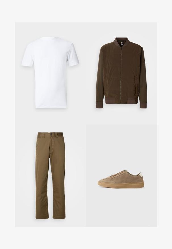 Jaqueta bombardeiro castanha com frente almofadada e mangas longas. Feita de tecido suave com punhos em canelado e fecho de zíper. Design minimalista.; T-shirt branca de manga curta feita de algodão, com gola redonda e um design simples nas costas, sem padrões ou gráficos.; Calças castanhas de perna reta feitas de tecido entrelaçado. Apresenta um fecho com botão, bolsos laterais e uma textura suave. Ajuste sob medida.; Sapatilhas de camurça em castanho claro com sola de borracha. Apresentam um design com atacadores e um estilo minimalista, acentuado por uma aba de calcanhar branca.