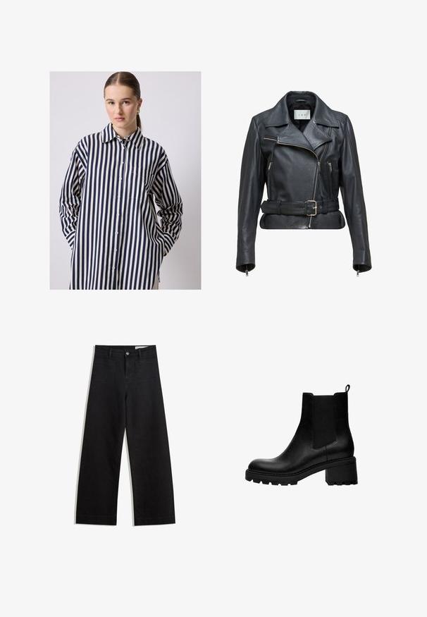 Čierna kožená motocyklistická bunda s opaskom, so zipsom na prednej strane, dvoma bočnými vreckami a asymetrickými klopami. Hladká textúra.; Košeľa na gombíky s dlhými rukávmi, vyrobená z ľahkého materiálu, s vertikálnymi námorníckymi a krémovými pruhmi, zakriveným spodným okrajom a vreckom na hrudi.; Čierne denimové nohavice s širokými nohavicami a vysokým pásom, so prednými a zadnými vreckami, šitými švami a zapínaním na gombík. Hladká textúra.; Čierne kožené členkové čižmy s okrúhlou špičkou, elastickými bočnými panelmi a hrubým blokovým podpätkom. Textúrovaná podrážka pre lepšiu priľnavosť.