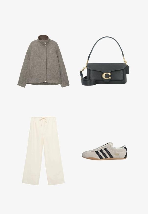 Siva jakna iz volnenega mešanega materiala z visokim ovratnikom, zapenjanjem na pritisne gumbe, dolgimi rokavi, dvema sprednjima žepoma in teksturiranim herringbone vzorcem.; Majica z dolgimi rokavi v temno vijolični barvi, izdelana iz mehkega jersey materiala. Ima širok izrez in sproščen kroj, z ravnim robom in dolgimi rokavi.; Kremne široke hlače z elastičnim pasom in sprednjim vrvico, ki imajo široke manšete na robovih.; Semišasti športni copat z sivo zgornjico, črnimi črtami in podplatom iz gume. Ima sistem zavezovanja in zlati logotip na strani.; Črna usnjena torbica z zlatim okovjem, ki se ponaša s prepoznavnim zapiralom, odstranljivim ramenskim trakom in teksturirano površino.; Okrogla zlatna medaljon z gladko, odsevajočo površino, ki jo obkroža teksturiran, bisernat rob in zanka za pritrditev.