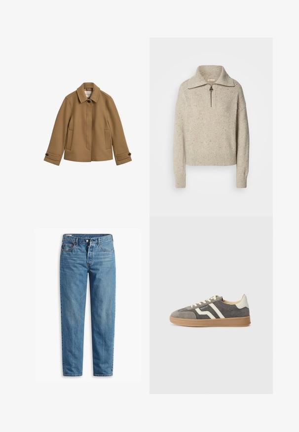 Jachetă maro dintr-un amestec de lână, cu o croială dreaptă, guler, două buzunare frontale și manșete cu nasturi. Prezintă o textură subtilă și linii curate.; Pulover bej dintr-un material tricotat, cu guler înalt, închidere cu fermoar și manșete și tiv nervurate. Textura include fire mai închise la culoare pe alocuri.; Jeans din denim albastru cu croi drept, prezentând un fermoar, două buzunare frontale și o decolorare subtilă pe întreaga țesătură.; Adidași gri din suede, cu un superior texturat, având dungi și șireturi crem, și o talpă din cauciuc natural pentru tracțiune. Design atletic clasic.