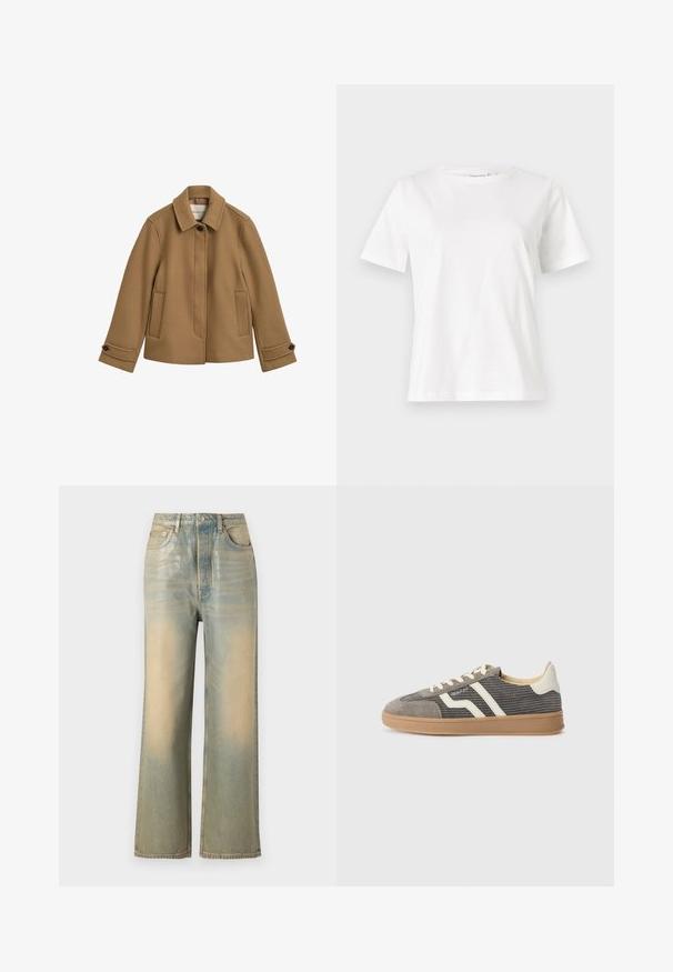 Hnědá bunda ze směsi vlny s rovný střih, límcem, dvěma předními kapsami a knoflíkovými manžetami. Má jemnou texturu a čisté linie.; Bílý bavlněný tričko s krátkým rukávem, kulatým výstřihem a volnějším střihem. Hladká textura, bez vzorů nebo akcentů, minimalistický design.; Džínové kalhoty širokého střihu ve světle modré a krémové barvě, s klasickým pěti-kapsovým designem a minimálními švy.; Šedé semišové tenisky s texturovaným svrškem, zdobené krémovými pruhy a tkaničkami, a gumovou podrážkou pro lepší přilnavost. Klasický atletický design.