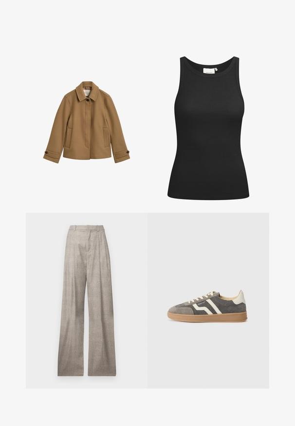 Bruine wollen blend jas met een rechte snit, een kraag, twee voorzakken en knoopmanchetten. Heeft een subtiele textuur en strakke lijnen.; Zwarte tanktop van ribstof, met een ronde hals en een aansluitende pasvorm. Platte naden en zonder versieringen. Eenvoudig en strak ontwerp.; Lichtgrijze, wijde broek met een subtiel pied-de-poulepatroon, plooien, ceintuurlussen en een gladde textuur.; Grijze suède sneaker met een gestructureerd bovenwerk, voorzien van crèmekleurige strepen en veters, en een gumrubberen zool voor grip. Tijdloos atletisch ontwerp.