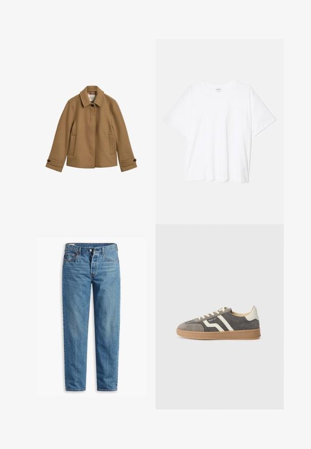 Hnedá pletená bunda zo zmesi vlny so strihem do rovna, golierom, dvoma prednými vreckami a gombíkovými manžetami. Má jemnú textúru a čisté línie.; Biely bavlnený tričko s krátkymi rukávmi, okrúhlym výstrihom, voľným strihom a prešitým lemom. Štítok viditeľný na vnútornom krku.; Modré denimové džínsy so strihom rovného nohavice, s príklopkou na zips, dvomi prednými vreckami a jemným vyblednutím po celej látke.; Sivé semišové tenisky s textúrovaným vrchom, s krémovými pruhmi a šnúrkami a gumovou podrážkou pre lepšiu priľnavosť. Klasický atletický dizajn.