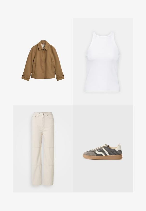 Rudas vilnos mišinio švarkas su tiesiu kirpimu, apykakle, dviem priekinėm kišenėm ir mygtukinėm rankovėm. Pasižymi subtilia tekstūra ir švariomis linijomis.; Baltas be rankovių marškinėlis, pagamintas iš išklotinės medžiagos, su apvaliu iškirpimu ir prigludusia siluetu, minimaliais siūlais ir be dekoracijų.; Šviesiai bežinės plačios kojos džinsai, pagaminti iš medvilnės. Turi aukštą liemenį, priekinį užsegimą ir dvi horizontalias siūlių dekoracijas ant kojų.; Pilka zomšinė sportinė bateliai su tekstūruotu paviršiumi, turintys kremines juosteles ir raištelius, bei guminį pado paviršių, užtikrinantį sukibimą. Klasikinis sportinis dizainas.