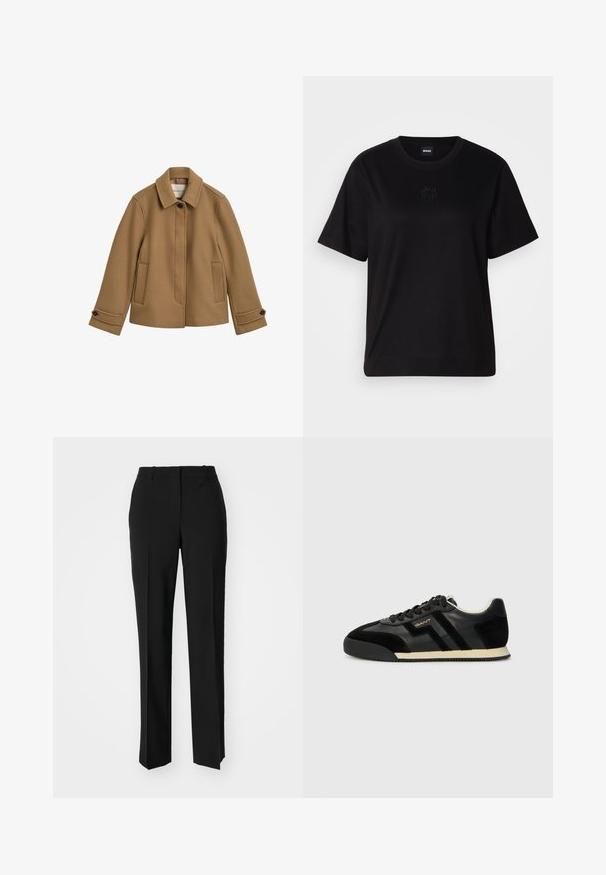 Hnedá pletená bunda zo zmesi vlny so strihem do rovna, golierom, dvoma prednými vreckami a gombíkovými manžetami. Má jemnú textúru a čisté línie.; Čierne bavlnené tričko s okrúhlym výstrihom, krátkymi rukávmi a vyšívaným logom na hrudi. Jednoduchý, voľný strih bez vzorov.; Čierne krajčírské nohavice so strihom rovného nohu, s hladkou textúrou a ostrými skladmi pozdĺž prednej časti. Žiadne viditeľné hardvér.; GANT BEYLANA - Tenisky - black
