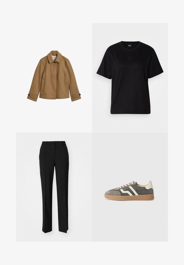 Hnědá bunda ze směsi vlny s rovný střih, límcem, dvěma předními kapsami a knoflíkovými manžetami. Má jemnou texturu a čisté linie.; Černé bavlněné tričko s kulatým výstřihem, krátkými rukávy a vyšitým logem na hrudi. Jednoduchý, volný střih bez vzorů.; Černé kalhoty na míru se střihem do rovna, které mají hladkou texturu a ostré sklady na přední straně. Bez viditelného kování.; Šedé semišové tenisky s texturovaným svrškem, zdobené krémovými pruhy a tkaničkami, a gumovou podrážkou pro lepší přilnavost. Klasický atletický design.