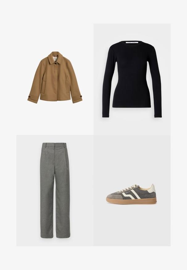 Chaqueta marrón de mezcla de lana con corte recto, cuello, dos bolsillos frontales y puños con botones. Presenta una textura sutil y líneas limpias.; Top negro de manga larga hecho de tela acanalada. Presenta un escote redondo y un corte ajustado. Sin patrones ni adornos. Diseño simple.; Pantalones grises a medida con una tela texturizada, que presentan un frente plano, pasadores para cinturón y un diseño de pierna ancha. Sin bolsillos ni acentos visibles.; Zapatilla de ante gris con parte superior texturizada, con rayas y cordones crema, y suela de goma para mayor tracción. Diseño atlético clásico.