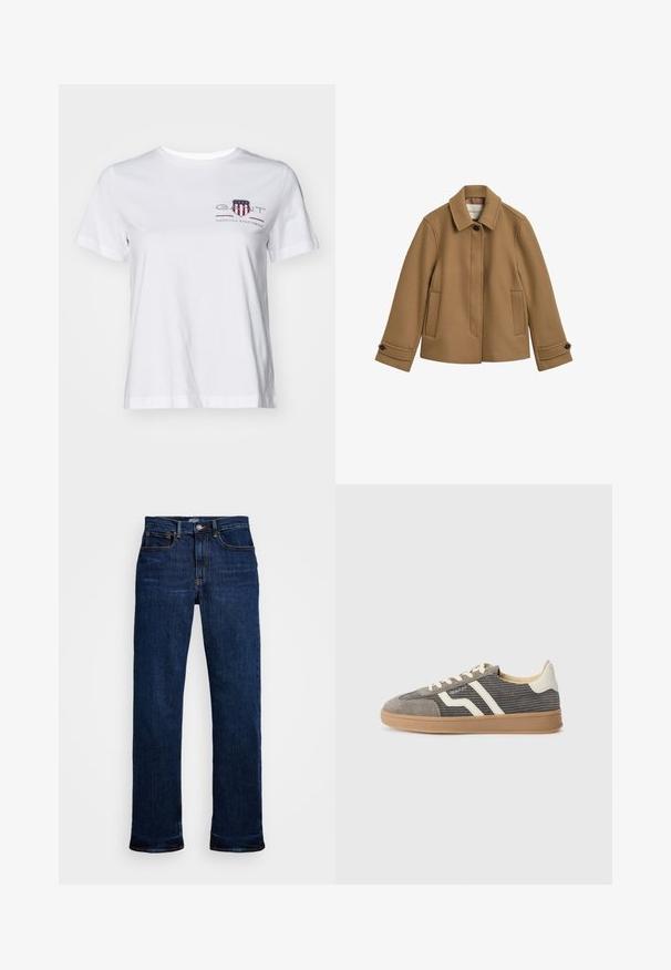 Braune WollmischungJacke mit geradem Schnitt, Kragen, zwei Fronttaschen und knopfbaren Manschetten. Sie zeichnet sich durch eine dezente Textur und klare Linien aus.; Weißes Baumwoll-T-Shirt mit kurzen Ärmeln, Rundhalsausschnitt und einem rot-blauen gestickten Logo auf der linken Seite. Glatte Textur, lässige Passform.; Dunkelblaue Jeans aus Denim mit geradem Bein, ausgestattet mit fünf Taschen, Kupfernähten und einem klassischen Knopfverschluss.; Graue Wildledersneaker mit strukturiertem Obermaterial, ausgestattet mit cremefarbenen Streifen und Schnürsenkeln sowie einer Sohle aus Gummi für besseren Halt. Klassisches sportliches Design.
