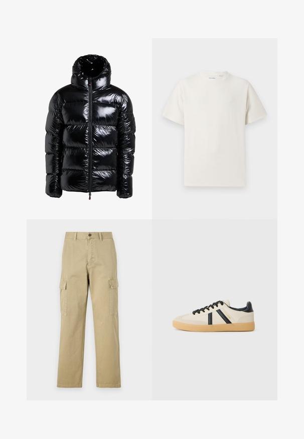 Zwarte pufferjack met een glanzende afwerking, hoge kraag, rits aan de voorkant, gestikte panelen en zijzakken. Gestructureerde stof met een glad oppervlak.; Witte korte mouwen T-shirt met ribbelstructuur. Ronde hals, ontspannen pasvorm, geen zichtbare patronen of accenten. Eenvoudig en veelzijdig ontwerp.; Beige cargobroek van katoen, met twee zijzakken, een knoopsluiting en rechte pijpen van een licht gestructureerde stof.; Casual sneakers in crème met zwarte strepen, voorzien van een gestructureerde bovenkant en een gumrubberen zool. Veters zijn zwart. Subtiel logo aan de zijkant.