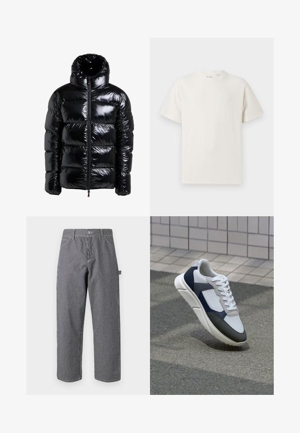 Sort pufferjakke med en skinnende overflade, høj krave, lynlåsfront, syede paneler og sidelommer. Struktureret stof med en glat overflade.; Hvid kortærmet T-shirt i ribbet tekstur. Rund halsudskæring, løs pasform, ingen synlige mønstre eller accenter. Enkel og alsidig design.; Stribede bukser lavet af en blanding af bomuldsstoffer, der har lodrette sort-hvide striber, knaplukning og sidelommer.; Hvide, marineblå og grå sneakers med et design i blandede materialer, der har en tekstureret overdel, flade snørebånd og en polstret sål.