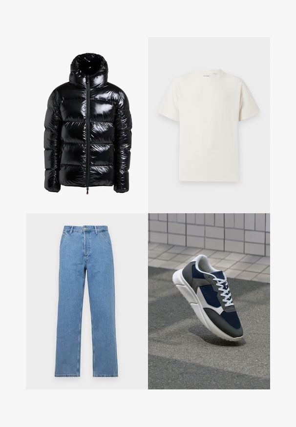 Melna pūkainā jaka ar spīdīgu apdari, augstu apkakli, ar rāvējslēdzēju priekšpusē, šūtām paneļiem un sānu kabatām. Teksturēts audums ar gludu virsmu.; Balta krūštura īsām piedurknēm ar ribota auduma faktūru. Apaļš kakla izgriezums, brīvs griezums, bez redzamām rakstām vai akcentiem. Vienkāršs un daudzpusīgs dizains.; Gaiši zili džinsi ar taisno piegriezumu un klasisko piecu kabatu dizainu, ar priekšējo pogu aizdari un jostu cilpiņām. Gluda tekstūra.; Sporta apavi ar tumši zilas krāsas tīkla augšdaļu, pelēku zamšādas akcentiem, baltu gumijas zoli un plakaniem baltiem šņorēm, kas izstrādāti komfortam un elpojamībai.