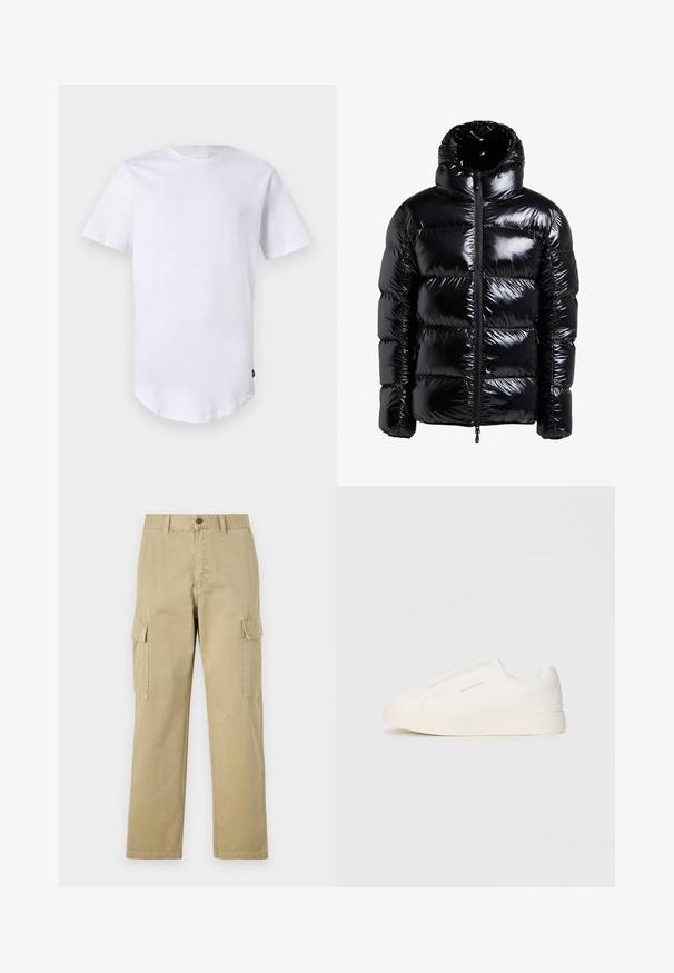 Giacca a salopette nera con finitura lucida, colletto alto, zip davanti, pannelli cuciti e tasche laterali. Tessuto testurizzato con superficie liscia.; T-shirt bianca a maniche corte in cotone. Design con collo a girocollo e orlo curvo. Etichetta visibile sul lato sinistro inferiore. Texture liscia.; Pantaloni cargo beige in cotone, dotati di due tasche laterali, chiusura con bottone e gamba dritta con tessuto leggermente texture.; Sneakers bianchi slip-on con superficie texturizzata, suola spessa e design minimalista. Presentano il logo del marchio sul lato.