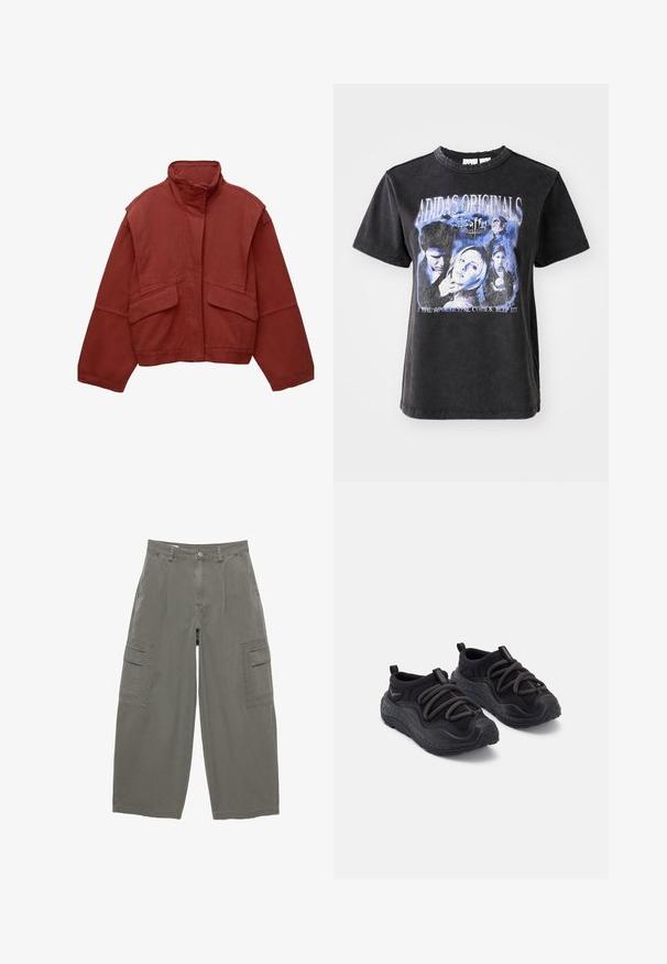 Červená skrátená bunda vyrobená z bavlny, s vysokým golierom, voľne strihanými rukávmi a dvoma prednými našitými vreckami.; Čierne bavlnené tričko s krátkymi rukávmi, s umývaným grafickým potlačou postáv zo "Buffy, preklínačka upírov" v modrých odtieňoch.; Nohavice cargo v olivovej zelenej farbe, s širokými nohavicami, prednými vreckami a dvoma bočnými cargo vreckami so chlopňami. Textúrovaný bavlnený materiál.; Čierne športové topánky s textúrovanou gumovou podrážkou, polstrovaným textilným zvrškom, elastickým šnúrkami a pútkami na päte pre jednoduché obúvanie.
