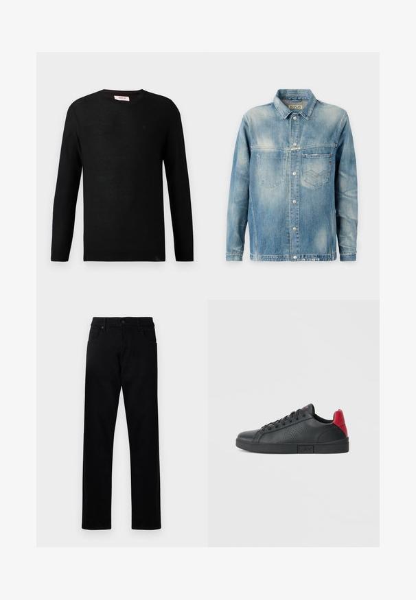 Jeansjacke in Hellblau mit klassischem Kragen, langen Ärmeln, zwei Fronttaschen und Metallknopfverschluss. Leicht verblasste Textur.; Schwarzer Strickpullover mit langen Ärmeln und Rundhalsausschnitt. Dezente Textur und ein kleines Logo-Detail auf der Brust. Klassisches und vielseitiges Design.; Schwarze Jeans aus Denim mit geradem Schnitt. Merkmale sind zwei Vordertaschen, ein Knopfverschluss und eine saubere, glatte Textur.; Schwarze synthetische Sneaker mit roten Fersenakzenten, perforiertem seitlichem Design, runder Zehenpartie, flacher schwarzer Sohle und schwarzen Schnürsenkeln.