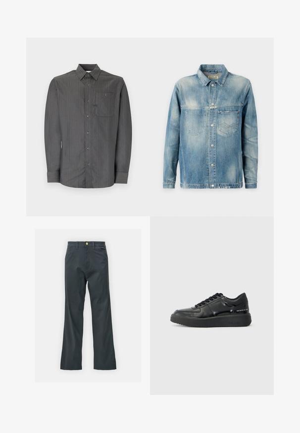 Jaqueta de ganga em azul claro com colarinho clássico, mangas compridas, dois bolsos frontais e fechos de botão metálico. Textura ligeiramente desbotada.; Camisa de mangas longas cinza às riscas com colarinho abotoado e bolso no peito, apresentando pequenos botões e um tecido texturizado.; Calças pretas com corte reto, feitas de um tecido em mistura de algodão. Apresenta um fecho com botão metálico e bolsos laterais. Sem padrões visíveis.; Ténis de couro preto com acabamento liso, bico redondo e sola de borracha preta em contraste. Apresenta atacadores planos e marcação na lateral.