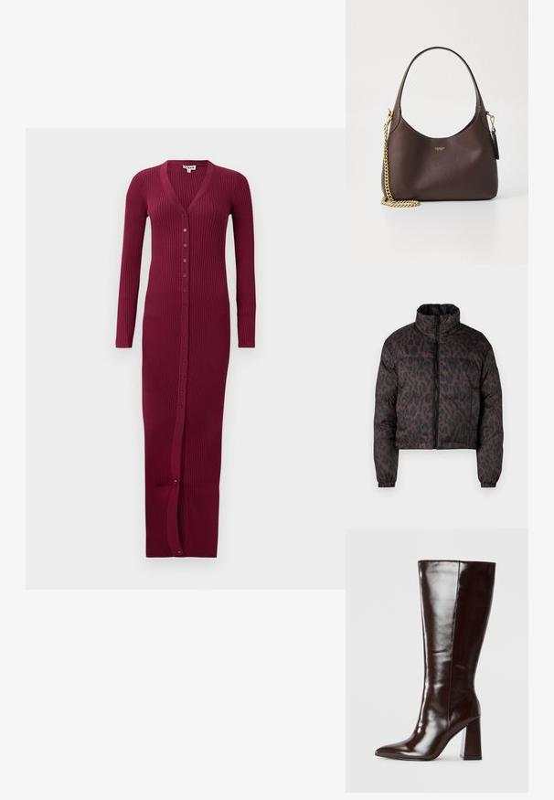 Afskåret, polstret jakke i mørkebrunt med sort leopardprint. Har høj krave, frontlynlås og elastiske manchetter.; Bordeaux ribbet lang cardigan med V-hals, lange ærmer og frontlukning med knapper. Har en slids i kanten for bedre bevægelse.; Knehøje brune læderstøvler med en blank finish, spids tå og bred blokhæl. Glat tekstur og elegant design.; COACH BROOKLYN SHOULDER BAG 23 - Håndtasker - maple