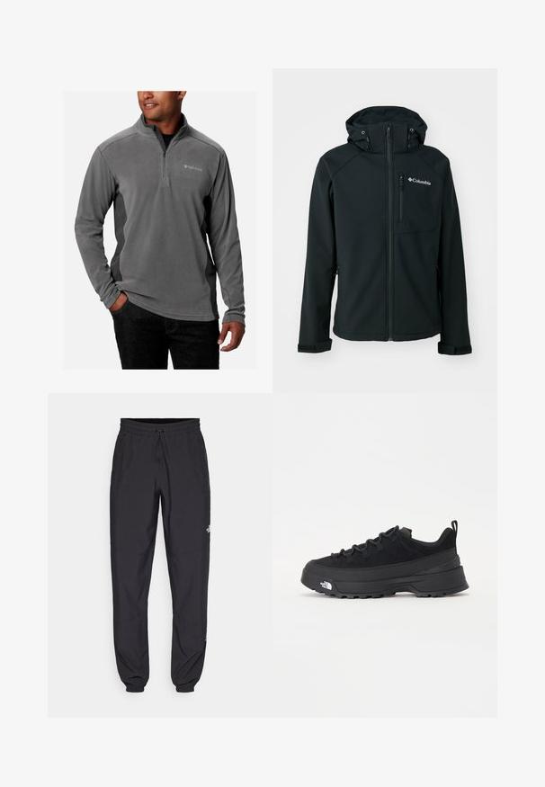 Jachetă neagră din softshell, cu fermoar frontal, glugă ajustabilă, buzunar pe piept cu fermoar și manșete cu velcro. Prezintă o textură netedă și logo-ul Columbia.; Pulover gri din fleece cu un design cu fermoar pe un sfert, textură moale, mâneci lungi și logo pe piept. Accentuate cu panouri laterale contrastante.; Pantaloni atletici negri, confecționați dintr-un material ușor, cu un tiv elastic la talie, buzunare laterale și tivuri ajustate la gleznă.; Tenisi de exterior negri cu superior din daim, talpă din cauciuc texturat și sistem de șireturi solid. Prezintă un călcâi întărit și un logo al mărcii pe lateral.