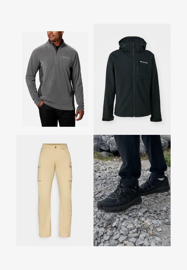 Black softshell jacket with a zip front, adjustable hood, zippered chest pocket, and velcro cuffs. Features a smooth texture and Columbia logo.; Gray fleece pullover with a quarter-zip design, soft texture, long sleeves, and logo on the chest. Accented with contrasting side panels.; Beige cargo pants with a straight cut, featuring two side pockets, a button closure, and logo detail on the thigh. Lightweight fabric.; Black outdoor shoes with mesh and synthetic material, featuring a textured upper, secured lacing system, and a rugged outsole, on rocky terrain.