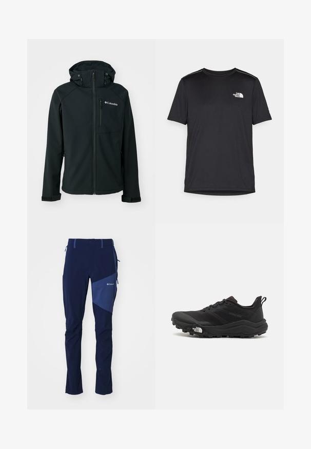 Fekete softshell dzseki cipzáras elülső résszel, állítható kapucnival, cipzáras mellzsebbel és tépőzáras mandzsettával. Jellemzője a sima textúra és a Columbia logó.; Fekete, rövid ujjú póló, könnyű anyagból készült. Bal mellen egy kis fehér logó található, és finom vállrész kiemelések.; Columbia COLUMBIA TECH™ PANT - Szabadtéri nadrágok - collegiate navy; Fekete terepfutó cipő, textúrált felső résszel, gumitalppal és megerősített lábujjrészével. Párnázott bokarésszel és húzófüllel rendelkezik a könnyű felhúzáshoz.