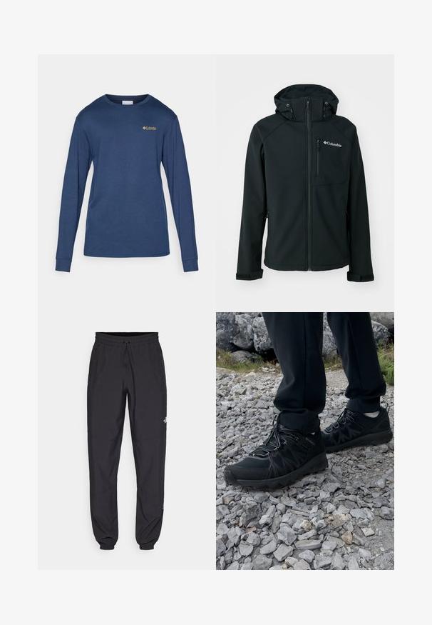 Zwarte softshell jack met een ritssluiting aan de voorkant, verstelbare capuchon, een ritszak op de borst en klittenbandsluiting aan de mouwen. Beschikt over een gladde textuur en het Columbia-logo.; Marineblauwe longsleeve shirt van een katoenmix. Beschikt over een ronde halslijn en een klein geborduurd logo op de borst. Glad textuur.; Zwarte sportieve broek gemaakt van lichtgewicht stof, met een trekkoord in de taille, zijzakken en taps toelopende boorden bij de enkels.; Zwarte buitenschoenen van mesh en synthetisch materiaal, met een gestructureerd bovenwerk, een beveiligd vetersysteem en een robuuste zool, op een ruig terrein.