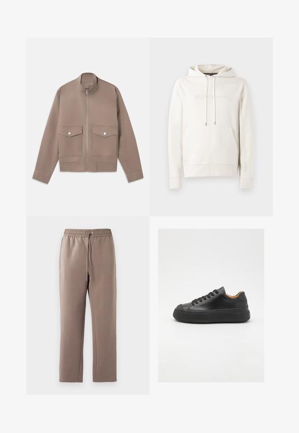 Taupe-kleurige bomberjack met ritssluiting aan de voorkant, twee klapzakken met drukknoop en geribbelde details aan de zoom.; Witte hoodie met een voorzak, aantrekkoorden en een reliëflogo. Gemaakt van zachte stof met ribbelmanchetten en -zoom. Minimalistisch ontwerp.; Bruine, middelhoge sweatpants gemaakt van zachte stof, met een elastische tailleband met een trekkoord, zijzakken en rechte pijpen.; Zwarte leren sneaker met een ronde neus, vetersluiting aan de voorkant, een gladde textuur, dikke rubberen zool en contrasterende tan interieur.