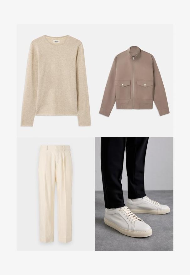 Bomber jakna v taupe barvi z zadrgo spredaj, dvema zaponkama s pokrovčki in rebrastim detajlom na robu.; Bež srajca z dolgimi rokavi iz mehkega blaga, s krožnim ovratnikom in subtilnim šivom na spodnjem levem delu.; NN.07 KAY - Hlače - off white; Svetlo bež usnjeni športni čevlji z ravnimi vezalkami, teksturirano površino in kontrastnim smetanastim gumijastim podplatom, v kombinaciji s črnimi oprijetimi hlačami.