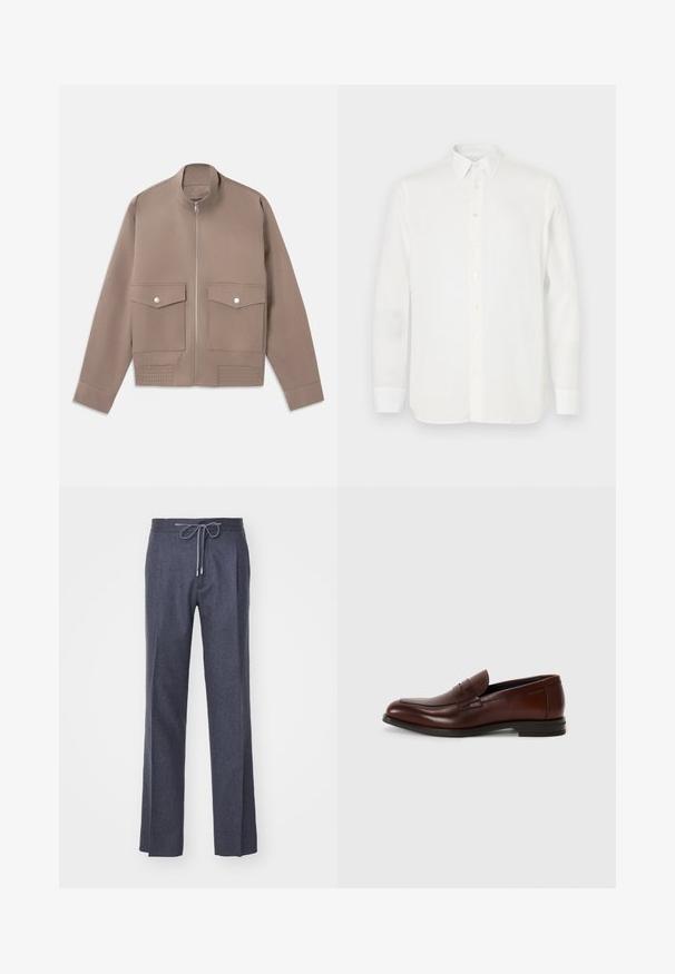 Bomber bunda v taupe barvě se zipem vpředu, dvěma kapsami s klopami na patentky a žebrovanými detaily na lemu.; Bílá košile s dlouhým rukávem vyrobená z lehkého materiálu, s klasickým límcem, zapínáním na knoflíky a rovně střiženým lemem. Hladká textura.; LARDINI Kalhoty - grey; Hnědé kožené mokasíny s kulatou špičkou, detailním předním páskem a nízkým skládacím podpatkem. Hladká textura s minimálním ozdobným zdobením.