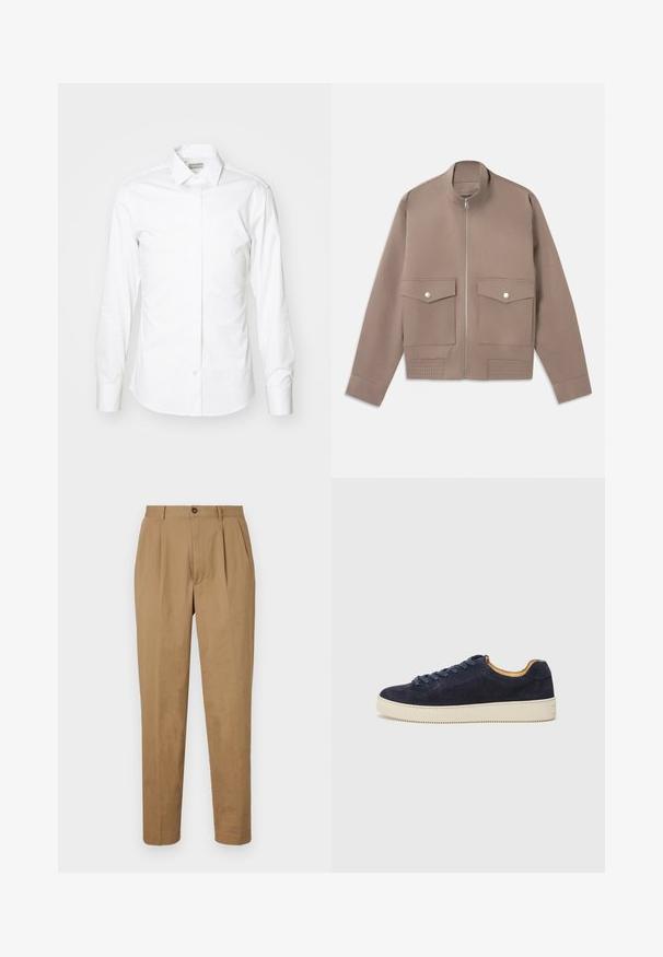 Veste bomber de couleur taupe avec fermeture éclair frontale, deux poches à rabat avec bouton-pression et détails côtelés à l'ourlet.; Chemise blanche à manches longues en tissu lisse, dotée d'un col standard, d'une patte de boutonnage et d'un ourlet arrondi, avec une coupe ajustée et sans motifs.; Pantalons plissés beiges à coupe droite, fabriqués dans un tissu lisse. Dotés d'une fermeture à bouton sur le devant et de poches latérales.; Baskets basses en suede bleu marine avec bout arrondi, semelle en caoutchouc blanc cassé et lacets assortis ; dotées d'une doublure intérieure contrastante couleur tan.
