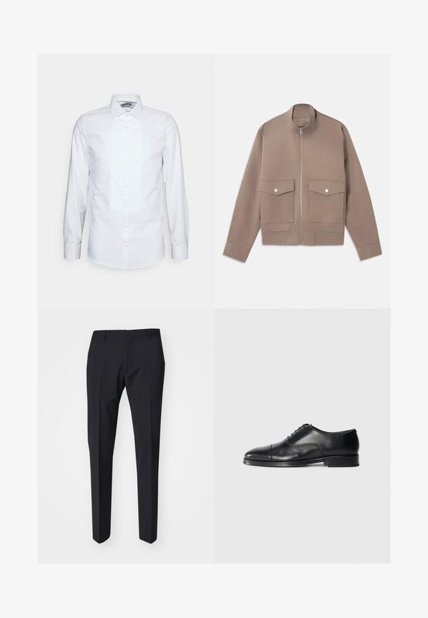 Bomber jakna v taupe barvi z zadrgo spredaj, dvema zaponkama s pokrovčki in rebrastim detajlom na robu.; Bela srajca dolgih rokavov iz bombaža. Ima nagubano sprednjo stran, končni ovratnik in klasično zapiranje s gumbi. Gladka tekstura in krojen fit.; Temno modri hlače z oprijetim krojem. Narejene iz gladkega, teksturiranega materiala, z ravnim sprednjim delom, zankami za pas in stranskimi žepi.; Črne usnjene oblečne čevlje z zaobljenim nosom, gladko teksturo, vezalnim dizajnom in subtilnim šivom, z nizko ravno peto.