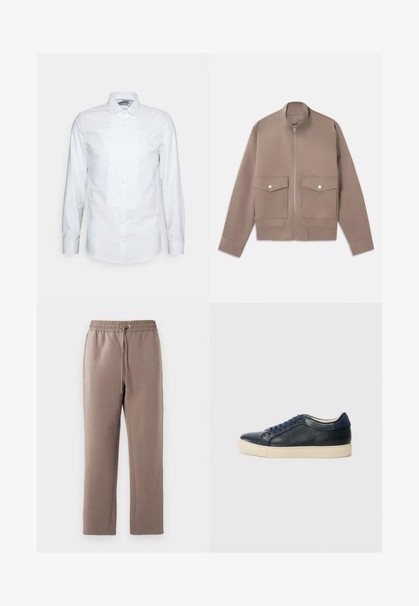 Jacket bomber em cor taupe com fecho frontal, dois bolsos com aba e botão de pressão, e detalhes em malha na barra.; Camisa branca de manga longa feita de algodão. Apresenta uma frente plissada, colarinho pontudo e fecho clássico com botões. Textura suave e ajuste feito à medida.; Calças de moletom castanhas, de altura média, feitas de um tecido macio, com uma cintura elástica com cordão, bolsos laterais e pernas retas.; Sapatilha de couro azul-marinho com sola de borracha creme, apresentando atacadores azuis e uma textura suave. Bico arredondado e design minimalista.