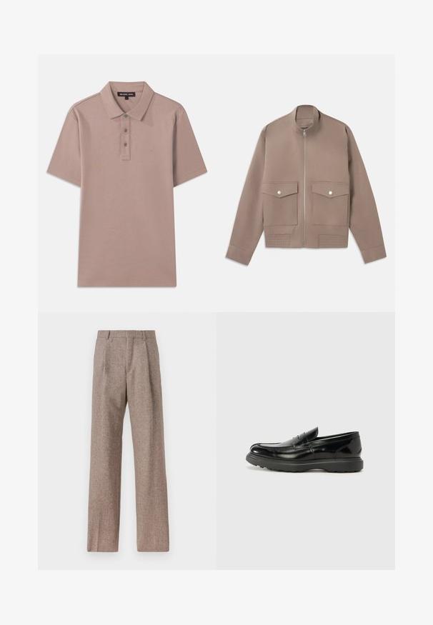 Bomber jacket de color topo con cremallera frontal, dos bolsillos con tapa y botón a presión, y detalles acanalados en el dobladillo.; Camisa polo de tela marrón claro con mangas cortas, tapeta de tres botones y logotipo bordado "MK" en el pecho. Textura suave.; Pantalones marrones de cintura alta hechos de una tela texturizada. Presentan piernas anchas y dos pliegues frontales para dar estructura. Acabado limpio sin hardware visible.; Mocasín de cuero negro con un acabado brillante, punta redondeada, detalles de costura sutiles y una suela de goma gruesa para mayor durabilidad.