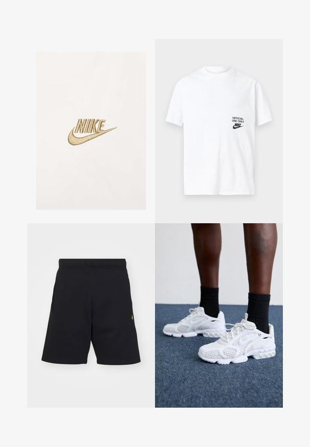 Nike logo in gold embroidery on a textured white fabric background, featuring stylized lettering and a distinctive swoosh design.; White cotton t-shirt with short sleeves, featuring a black printed design that reads "OFFICIAL USE ONLY" alongside the Nike logo on the left side.; Black shorts made of soft fabric, featuring an elastic waistband, side pockets, and a small gold logo accent on the lower left side.; White athletic shoes with mesh upper, textured accents, and cushioned sole. Paired with black ribbed ankle socks on a blue carpeted surface.