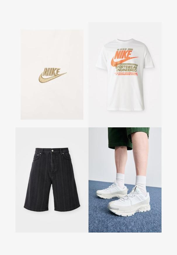 Logo de Nike en bordado dorado sobre un fondo de tela blanca texturizada, con letras estilizadas y un diseño distintivo de swoosh.; Camiseta de algodón blanca con un gran logo naranja de "NIKE" y texto verde que dice "SPORTSWEAR ENGINEERED" junto con especificaciones adicionales.; Shorts de mezclilla negra con pierna ancha, que presentan rayas verticales, bolsillos frontales y detalles de herrajes metálicos.; Zapatillas deportivas blancas con superposiciones texturizadas, una suela gruesa y acentos grises. Llevadas con calcetines blancos hasta la pantorrilla y pantalones cortos verdes sobre una superficie azul.