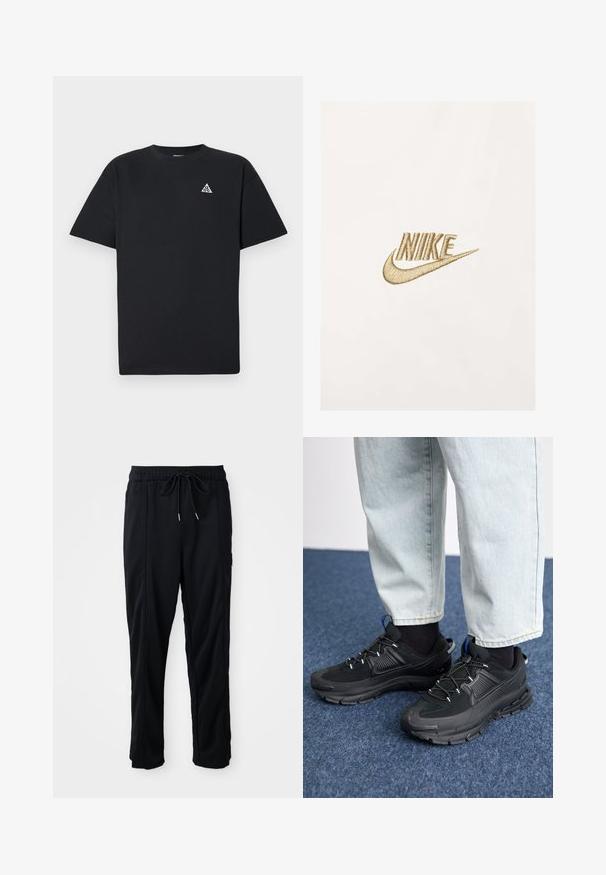 Nike-logo i gullbroderi på en teksturert hvit stoffbakgrunn, med stiliserte bokstaver og et karakteristisk swoosh-design.; Svart t-skjorte med korte ermer laget av bomull, med et lite hvitt trekantlogo på venstre brystområde, standard rund hals-design.; Svarte casual bukser med strikk i livet, sidelommer og rett bein på en ensfarget bakgrunn.; Svarte sportssko med teksturert stoff og gummisåler, med elastiske lisser og en blå detalj på hælen. Brukt med lyse denimbukser.