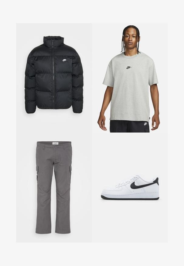 Black puffer jacket with high collar, zip closure, and Nike logo. Features quilted pattern and two side pockets.; Young person with braided hair wearing a light gray Nike T-shirt and black Nike shorts against a plain white background.; Gray cargo pants with a straight fit, made of cotton blend fabric. Features multiple side pockets and a standard waist. Smooth texture.; White leather sneakers with black Nike Swoosh, round toe design, lace-up front, textured black rubber sole, and "Air" embossed on the heel.