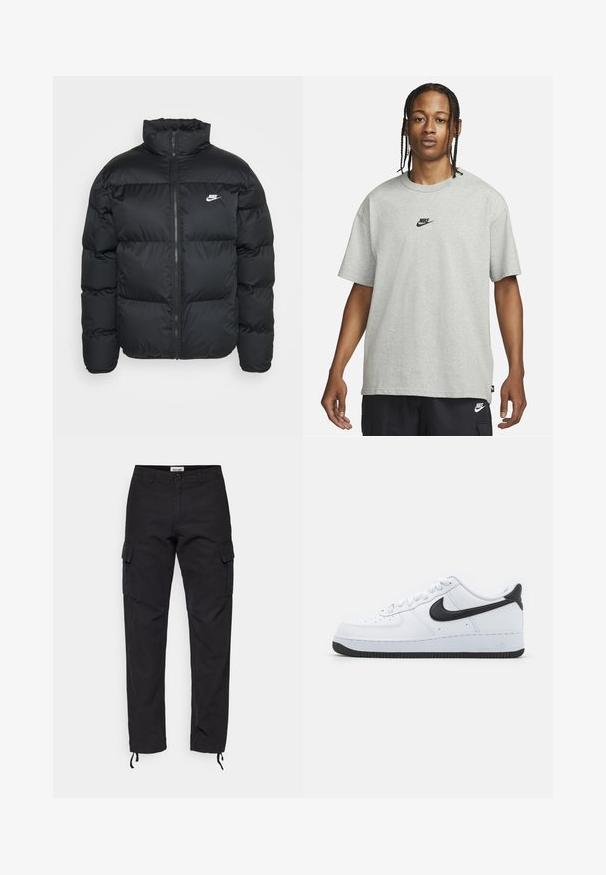 Mustat puffatakkia korkealla kauluksella, vetoketjulla ja Nike-logolla. Sisältää tikatun kuosin sekä kaksi sivutaskua.; Nuori henkilö, jolla on letitetyt hiukset, pukeutuneena vaaleanharmaaseen Nike T-paitaan ja mustiin Nike-shorteihin valkoista taustaa vasten.; Mustat cargo-housut, jotka on valmistettu kestävästä kankaasta. Niissä on sivutaskut, slim fit ja säätömahdollisuus nilkoissa.; Valkoiset nahkakengät, joissa on musta Nike Swoosh, pyöreä kärki, nauhakiinnitys edessä, tekstuurinen musta kumipohja ja "Air" kohokuvioituna kannassa.