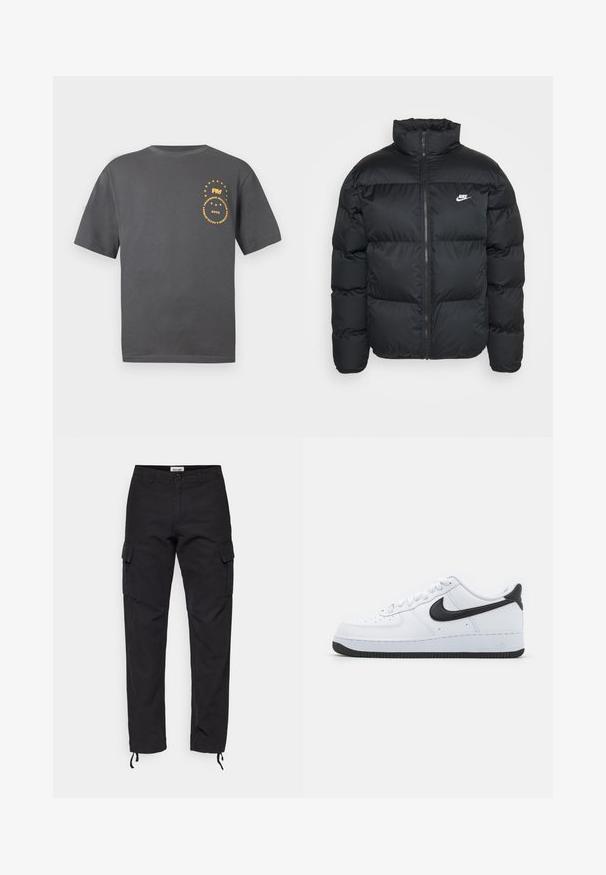 Black puffer jacket with high collar, zip closure, and Nike logo. Features quilted pattern and two side pockets.; Gray short-sleeve t-shirt made of cotton. Features a yellow circular graphic design with text and stars on the left chest.; Black cargo pants made of sturdy fabric, featuring side pockets, a slim fit, and adjustable cuffs at the ankles.; White leather sneakers with black Nike Swoosh, round toe design, lace-up front, textured black rubber sole, and "Air" embossed on the heel.