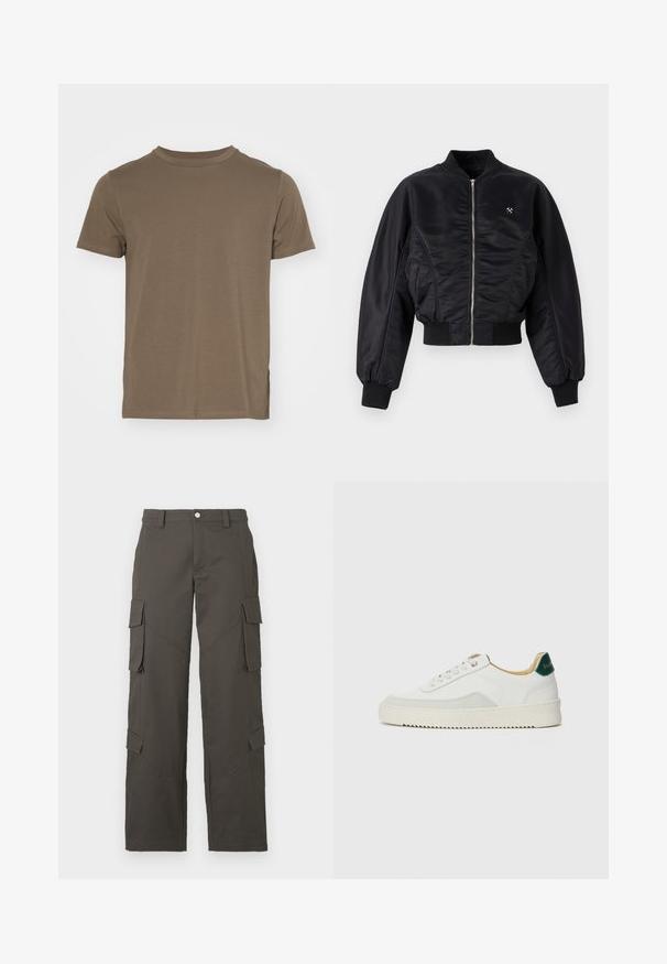 Schwarze Bomberjacke mit glänzender Satin-Oberfläche, Reißverschluss, gerippten Bündchen und Saum. Mit Seitentaschen und dezentem Logodetail auf der Brust.; Hellgrauer Pullover, V-Ausschnitt, lange Ärmel, gerippte Bündchen und Saum, weicher Stoff. Markenlabel an der Halsöffnung.; Braunes Baumwoll-T-Shirt mit kurzen Ärmeln, Rundhalsausschnitt und lockerem Schnitt. Verfügt über seitliche Schlitze am Saum für zusätzlichen Komfort.; Dunkelgraue gerade Cargo-Hosen mit Knopfverschluss und vier Klappentaschen, zwei an den Oberschenkeln und zwei nahe den Waden.; Weiße Sneaker mit Wildlederelementen, runder Zehenpartie, flachen Schnürsenkeln und einer cremefarbenen Gummisohle. Mit grünen Markenlogo am Fersenbereich.